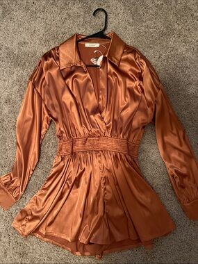 Rust Satin Long-Sleeve V-Neck Romper